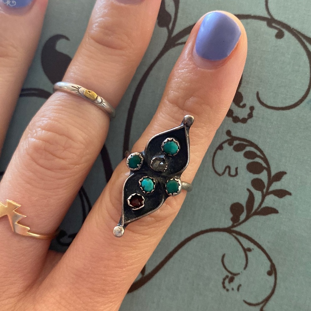 Solid 925 Vintage Authentic Turquoise & Gemstone Ring Size 6.5